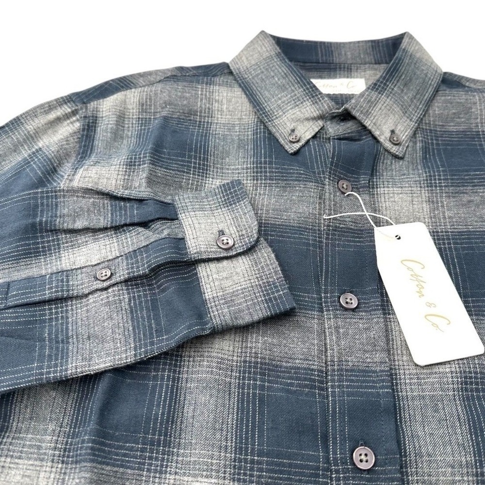 Cotton & Co. Cotton Flannel Shirt Blue & Gray Plaid Long Sleeve Men's Medium NWT
